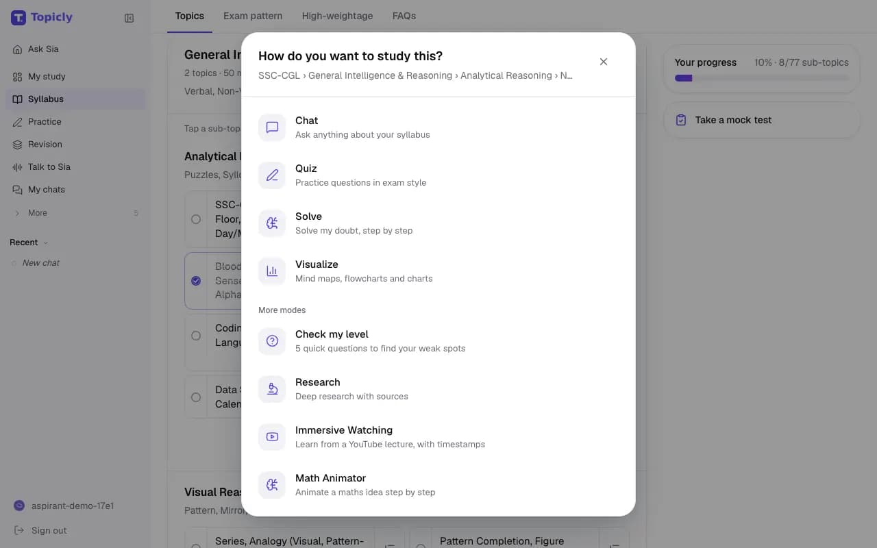 “How do you want to study this?” dialog for the SSC CGL sub-topic Number Series, offering Chat, Quiz, Solve and Visualize, plus Check my level, Research, Immersive Watching and Math Animator.
