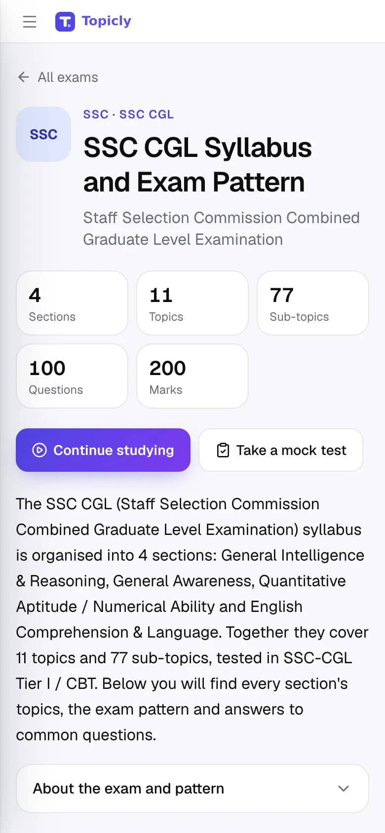 The SSC CGL syllabus page on a phone, with its section, topic and sub-topic counts.